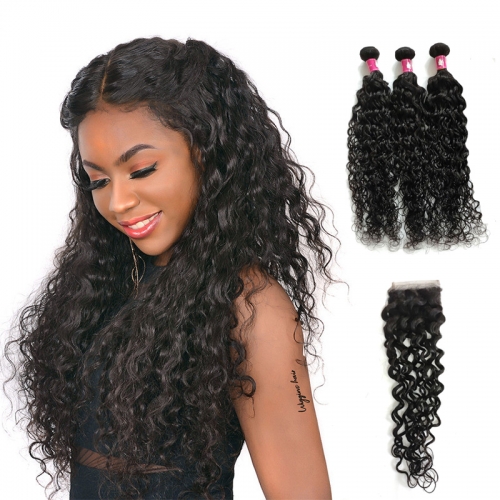 Mink Brazilian Water Wave Hair Bundles with Hd Transparent Lace Closure 100% Human Hair