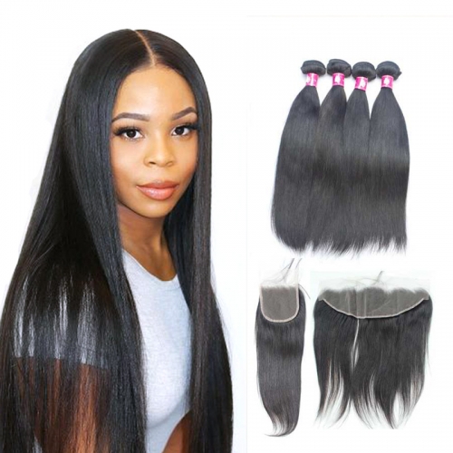 Mink Brazilian Straight Hair Bundles With Transparent Lace Closure Transparent Lace Frontal Straight Human Hair