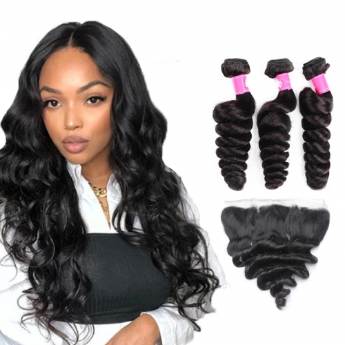 Brazilian Loose Wave Bundles with Lace Frontal Closure 1B Natural Black Soft Remy Hair