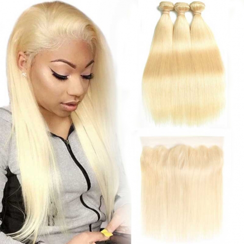 613 Blonde silky straight hair bundles with lace closures Brazilian 13X4 transparent lace frontals with bundles 5X5 Transparent Closure