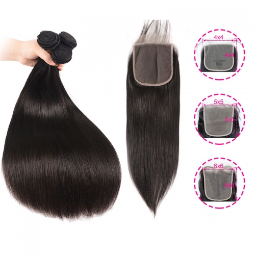 Brazilian Silky Straight Hair With Lace Closure Mink Hair Bundles Virgin Human Hair Hd Transparent lace Closure
