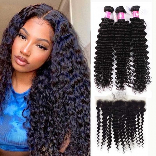 Brazilian Deep Wave Bundles Virgin Hair Weaves with Lace Frontal Closure 1B Natural Black Soft Remy Hair