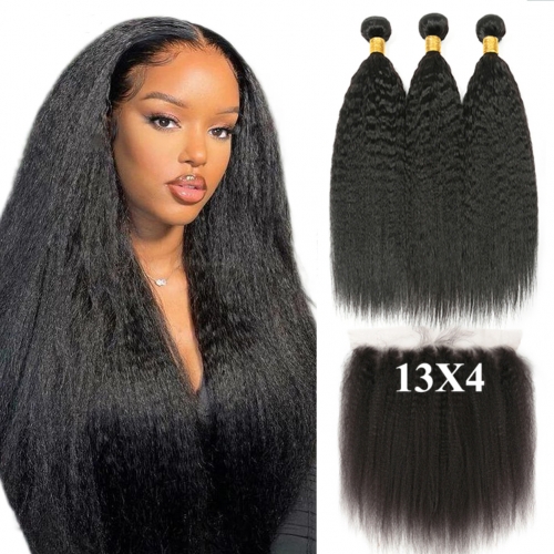 Kinky Straight Brazilian Virgin Hair Bundles with Lace Closure 1B Natural Black Soft Remy Hair 13X4 Lace Frontals