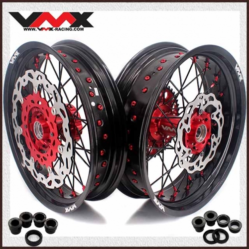 VMX 3.5/5.0 Motorcycle Supermoto Wheels Compatible with KTM EXC SXF Red Hub/Nipple Black Rim/Spoke Disc