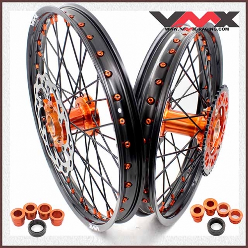 VMX 21/19 MX Casting Off-road Wheels Compatible with KTM SXF XC 2003-2022 Orange Nipple Black Spoke Disc