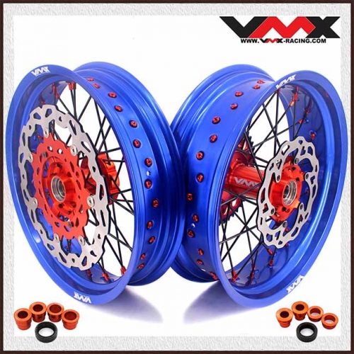 VMX 3.5/5.0 Supermoto Tubeless Wheels With Disc Fit HUSQVARNA TE FE 14-21 Orange Nipple Blue Rim