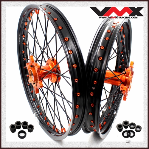 VMX 21/18 Enduro Casting Racing Wheel Set Compatible with KTM EXC 250 530 2003-2023 Orange Nipple Black spoke