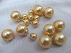 8-14m 12pcs handmade genuine pearl round ball freshwater &gold champagne yellow jewelry earrings