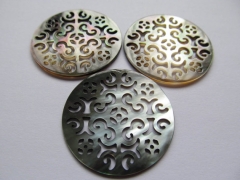 high quality 35mm 12pcs handmade flower carved MOP shell mother of pearl roundel carved black caboch