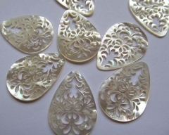 27x38mm 4pcs fashoin handmade flower carved MOP shell mother of pearl teardrop carved jewelry bead