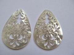 27x38mm 4pcs fashoin handmade flower carved MOP shell mother of pearl teardrop carved jewelry bead