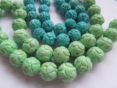 high quality 8-16mm 16inch turquoise semi precious round ball carved flower tibetant jewelry beads