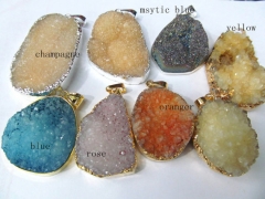 24k gold edged genuine crystal druzy quartz titanium freeform nuggets aqua blue charm focal pendant 