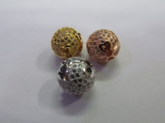 AAA grade pave metal spacer &cubic zirconia crystal round ball silver gold mixed jewelry beads 8mm 1