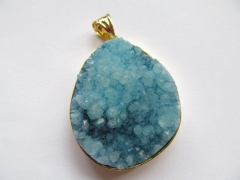 24k gold edged genuine crystal druzy quartz titanium freeform nuggets aqua blue charm focal pendant 