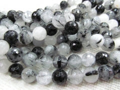5strands 6-12mm high quality genuine black rutilated quartz round ball faceted gemstone bead