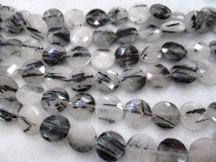 wholesale  2strands 12-16mm  genuine black rutilated quartz roundel disc coin faceted gemstone bead