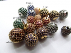 AAA grade 8-12mm 12pcs pave metal spacer &cubic zirconia crystal rainbow jewelry charm beads