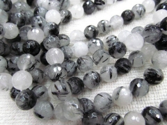 wholesale 2strands 6-12mm gorgeous black white Rutilated Quartz Round ball faceted rutilated gemston