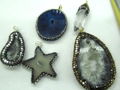 6pcs 25-80mm Fashion Natural Agate Druzy Pendant,Cubic Zirconia &Gunmetal Edging,freeform slab Star Point Arrow Mix beads