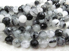 wholesale 2strands 6-12mm gorgeous black white Rutilated Quartz Round ball faceted rutilated gemston
