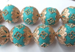 handmade 20mm full starnd Polymer clay & crystal ,Kashmiri Polymer Brass Round ball turquoise blue m