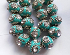 High quality 14-20mm full starnd Polymer clay & crystal ,Kashmiri Polymer Brass Round ball turquoise