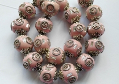 Baby Pink Beads 14-20mm full starnd Polymer clay & crystal ,Kashmiri Polymer Brass Round ball turquo