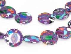 14mm Matrix Turquoise Gemstone Purple Mosaic Flat Round Circle Loose Beads 7 inch Half Strand (90145289-211)