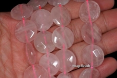 18mm Rose Quartz Gemstone Faceted Flat Round Loose Beads 7 inch half Strand (90191219-B25-544)