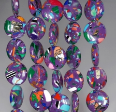 14mm Matrix Turquoise Gemstone Purple Mosaic Flat Round Circle Loose Beads 7 inch Half Strand (90145289-211)