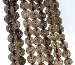 10mm Dark Smoky Quartz Gemstone Grade AA Carved Flower Rose Loose Beads 15 inch Full Strand (90186084-731)