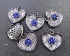 6pcs 22mm Micro Pave Diamond Heart Pendant, Pave Black Diamond CZ Pendant, Blue Heart Charm,Heart Ri