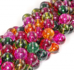 14MM Caribbean Sunrise Crackle Rock Crystal Gemstone, Rainbow Citrus Red Green, Round 14MM Loose Beads 7 inch Full Strand (90119