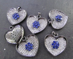 6pcs 22mm Micro Pave Diamond Heart Pendant, Pave Black Diamond CZ Pendant, Blue Heart Charm,Heart Ri