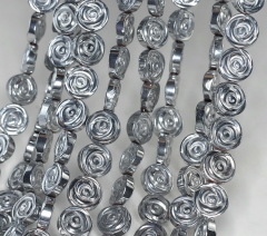 10mm Silver Hematite Gemstone Rose Flower Carved 10x10mm Loose Beads 16 inch Full Strand (90185601-842)
