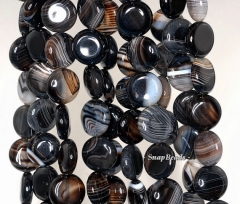 12mm Banded Agate Gemstone Striped Black Flat Round Circle Loose Beads 15 inch Full Strand (90145993-260)