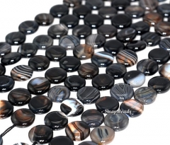 12mm Banded Agate Gemstone Striped Black Flat Round Circle Loose Beads 15 inch Full Strand (90145993-260)
