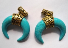 Handmade Turquoise Peandant Double BONE Horn Pendant Tusk Bold Large Tibetan Tribal Bohemian Boho Charm Pendant 2sets 2.5inch