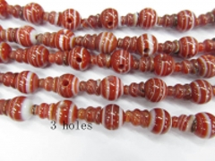 Handmade 10 SETS Dark Red stripe agate 3 hole beads,T-Beads Set, Guru Beads, Prayer Beads, Mala Making Cones Beads, T hole set c