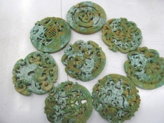 70mm Handmade Old Jade Ancient Jade Pendant Rare Animals Round Disc Carved turquoise green grey mixed jewelry pendant