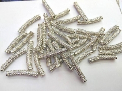 20pcs White Silver Micro Pave Crystal Rhinestone Sideway Tube Bracelet Connector 6x30mm - Curve Pave Bar Black Jet Jewelry Space