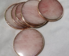 60-100mm(4&quot;) Rose Quartz coasters with gold copper electroplated edging round stone tableware crystals gemstone wedding party st