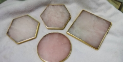 Rose Quartz coasters with gold copper electroplated edging round square hexagon stone tableware crystals gemstone wedding party