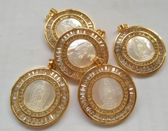 40mm Virgin Mary Round Pendant  Micro Pave CZ Shell cameroReligious Pendant,  Cubic Zirconia Jesus/Mary Round Shell  focal