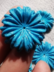 Handmade Turquoise Flowers, Blue Cabochons, 30mm Cabs, Mum Cabochons, Central drilled bead