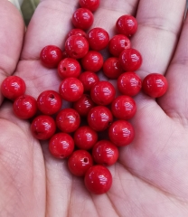 Half-drilled hole--24PCS  Red round coral -Natural bamboo pink coral 7-10mm Round ball   For jewelry making, For earrings, For pendants,