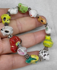 Mixed Vintage Delft Ceramic Bracelet , Antique Handpainted Ceramic  Animal Beads,Fish, Whales Llama  DIY Japanese craft  Spacer earrigns