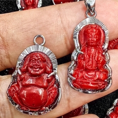 Red coral Handmade Buddha Maitreya Sterlirng silver Pendant Focal necklace  15-30mm 1pcs Jewelry Making