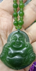 Happy Laugh Buddha Rectangle Mary  Emeral Green  Jadeite Jade Pendant  24inch Round necklace